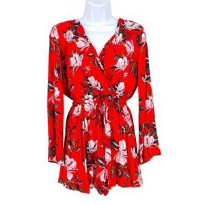 Roxy Red Floral Long-Sleeve V-neck Romper Size Small